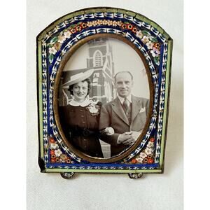 Vtg Micro Mosaic Flowers Brass Oval Mini Picture Frames With Easel 1.75 - Read